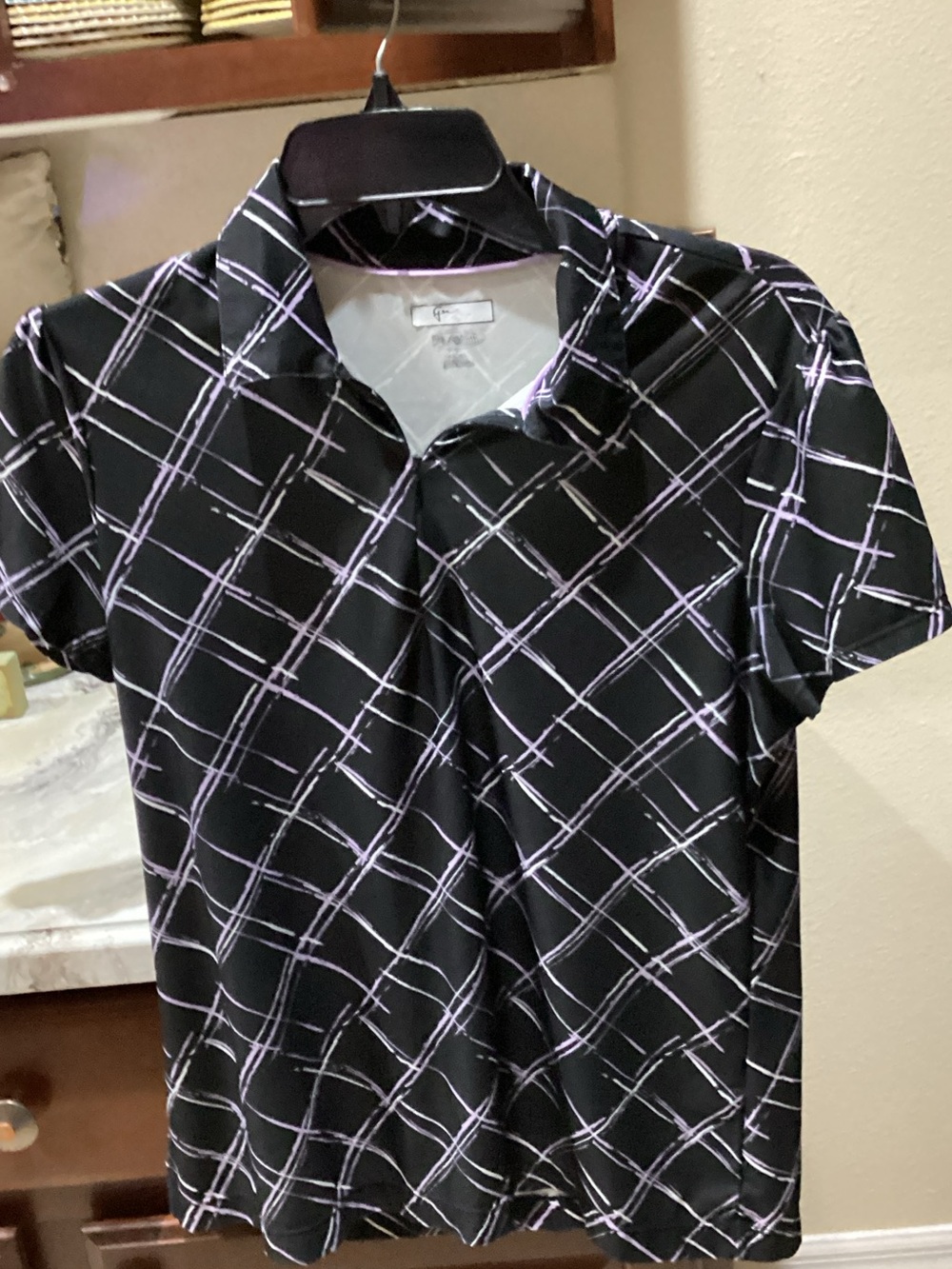 Greg Norman Collection Black Polo with Lilac Grid Print